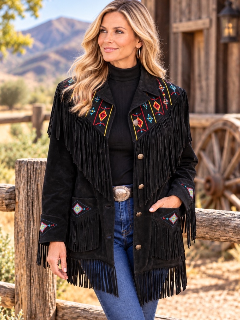 Vintage Lew Magram Black Suede Leather Fringe Western Jacket M